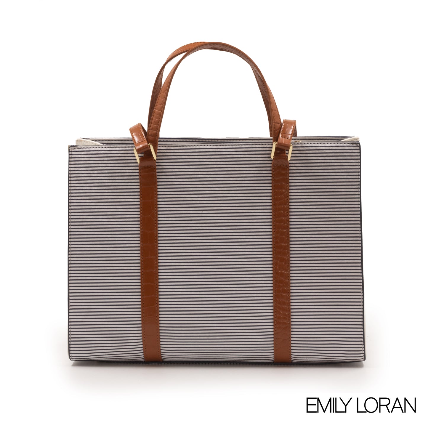 STRIPED NAVY EMILY LORAN HANDBAG WITH BROWN LEATHER TRIM -LARGE