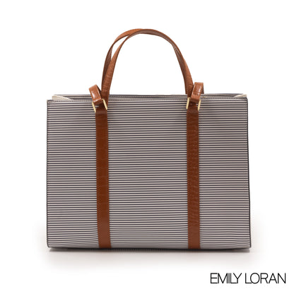 STRIPED NAVY EMILY LORAN HANDBAG WITH BROWN LEATHER TRIM -LARGE