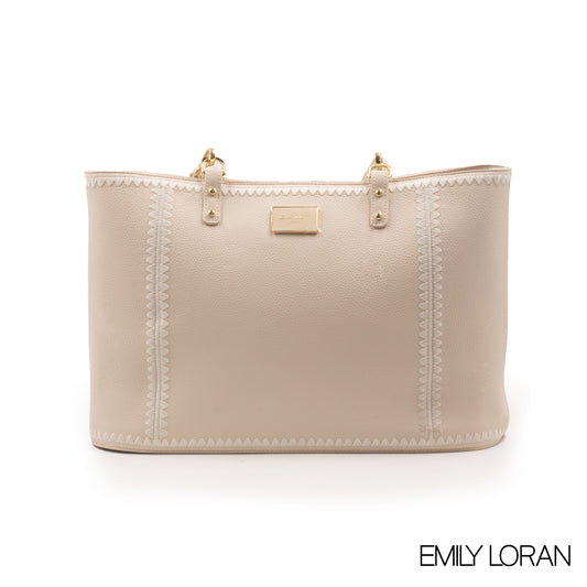 CREAMY LEATHER TOTE BAG WITH SPECIAL DESIGN -LARGE