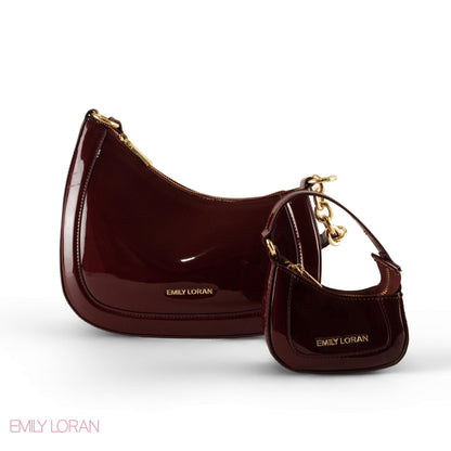 MODERN GLOSSY LEATHER SHOULDER BAG WITH MINI WALLET - SMALL
