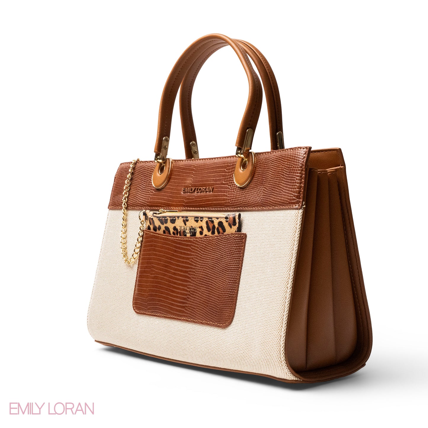 BROWN LEATHER SMOOTH HANDBAG WITH CROC DETAILS-LARGE