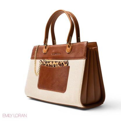 BROWN LEATHER SMOOTH HANDBAG WITH CROC DETAILS-LARGE