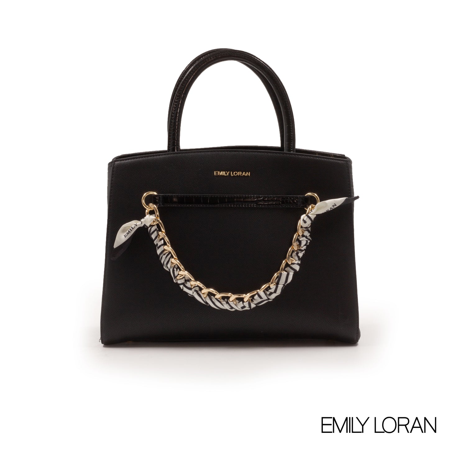 BLACK LEATHER HANDBAG WITH CHAIN DETAIL-MED