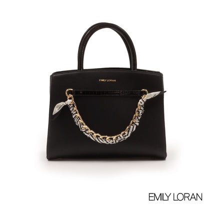 BLACK LEATHER HANDBAG WITH CHAIN DETAIL-MED