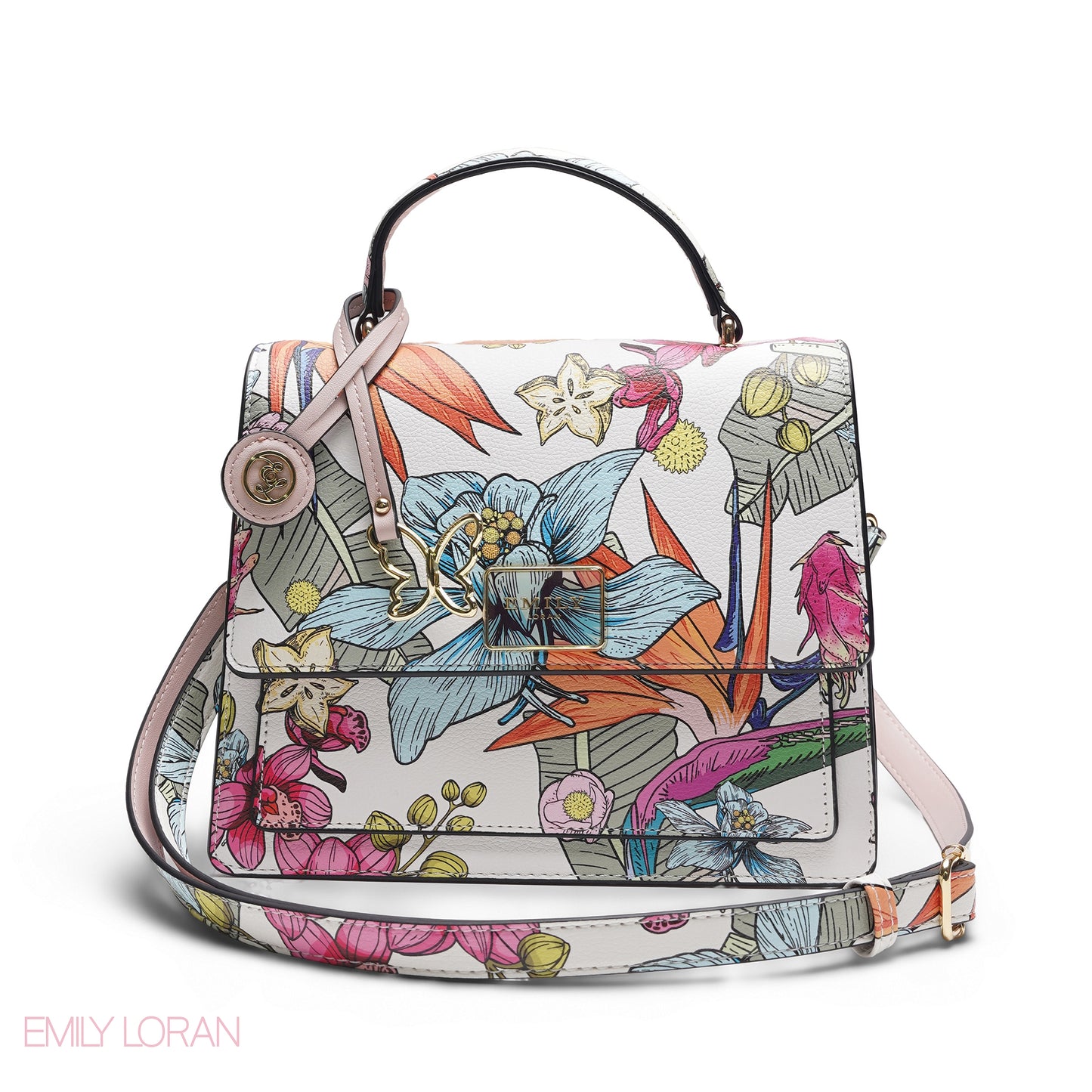 EMILY FULL TROPICAL PRINT SATCHEL BAG WITH BUTTERFLY CHARM - MED
