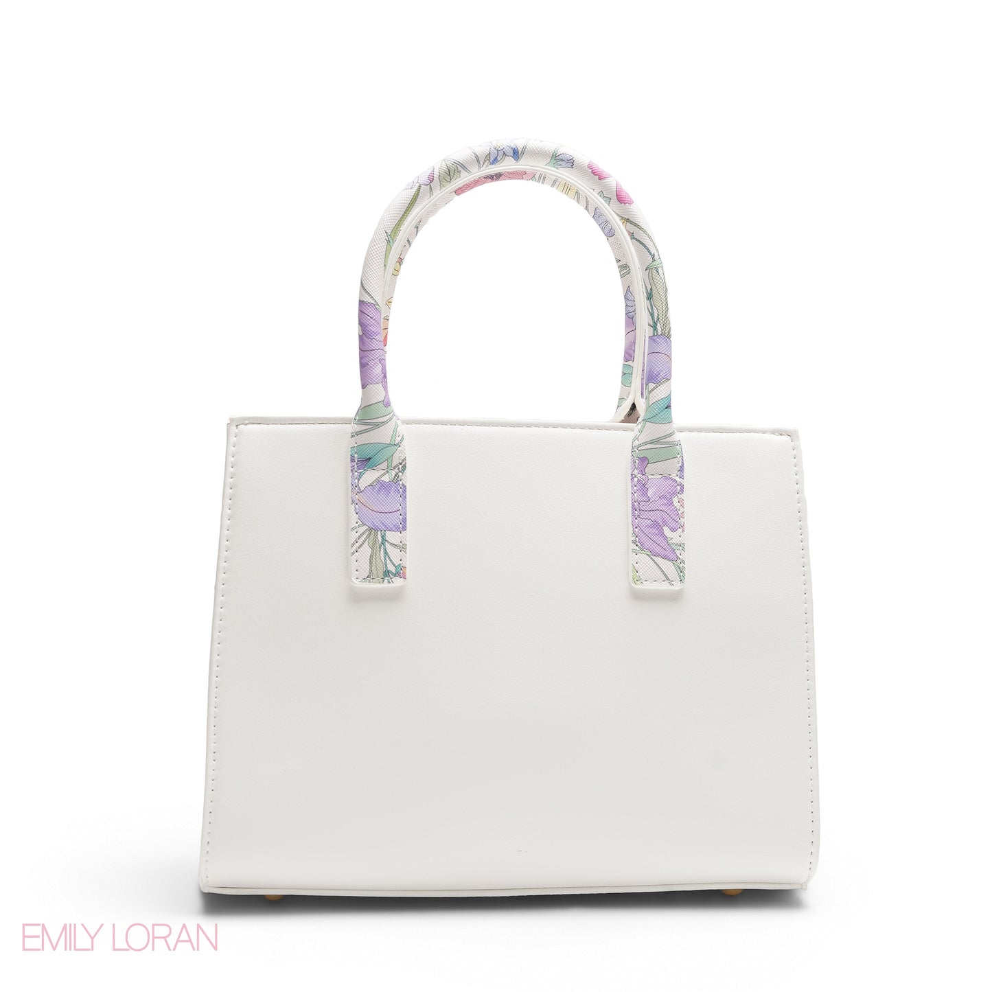 WHITE EMILY FLORAL ACCENT TOTE BAG WITH LOGO STRAP - MED