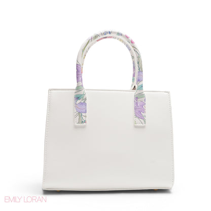 WHITE EMILY FLORAL ACCENT TOTE BAG WITH LOGO STRAP - MED