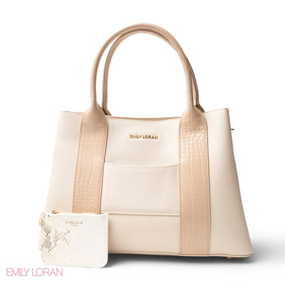 BEIGE SMOOTH LEATHER HANDBAG WITH CROC DESIGN -LARGE