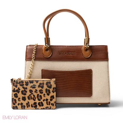 BROWN LEATHER SMOOTH HANDBAG WITH CROC DETAILS-MED
