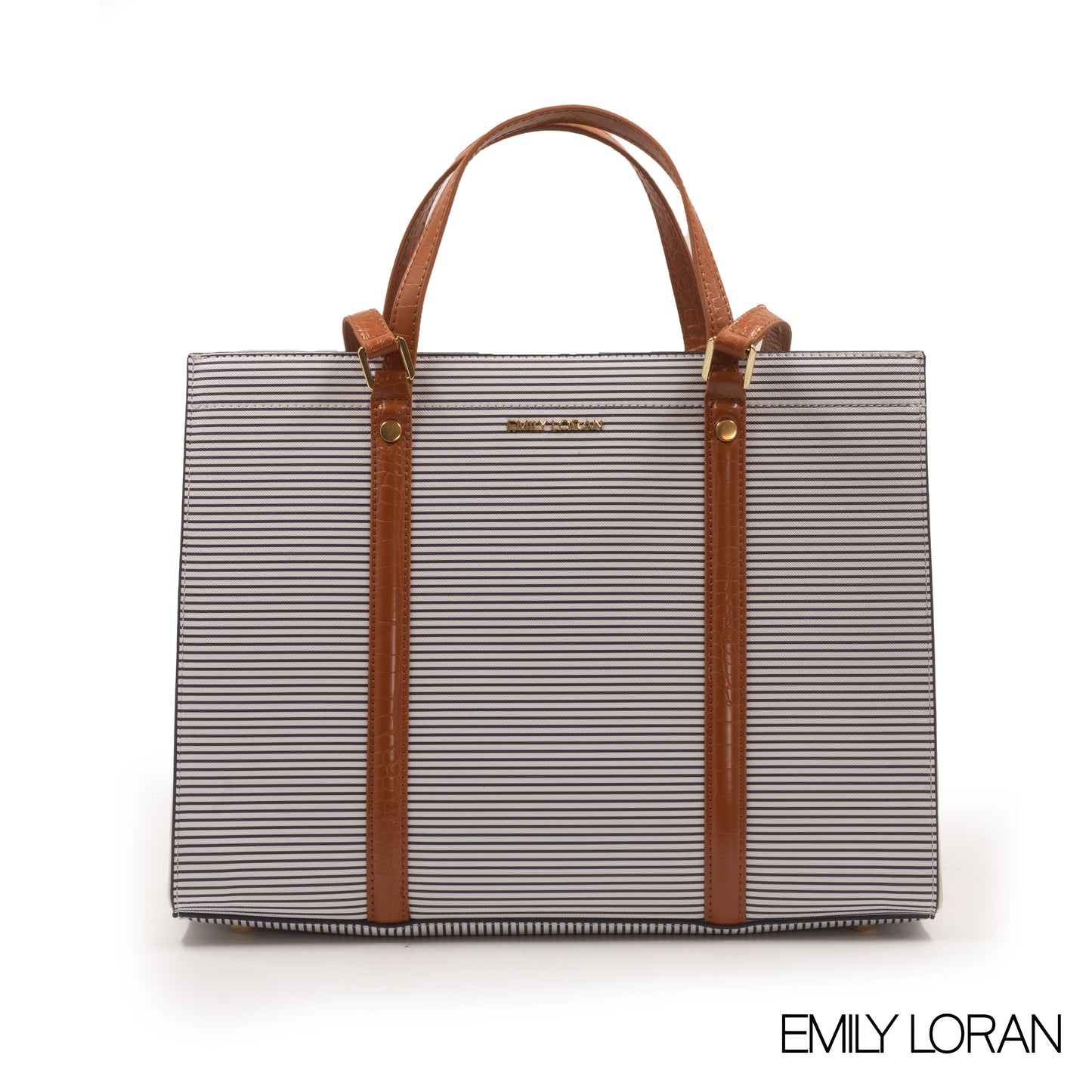 STRIPED NAVY EMILY LORAN HANDBAG WITH BROWN LEATHER TRIM -LARGE
