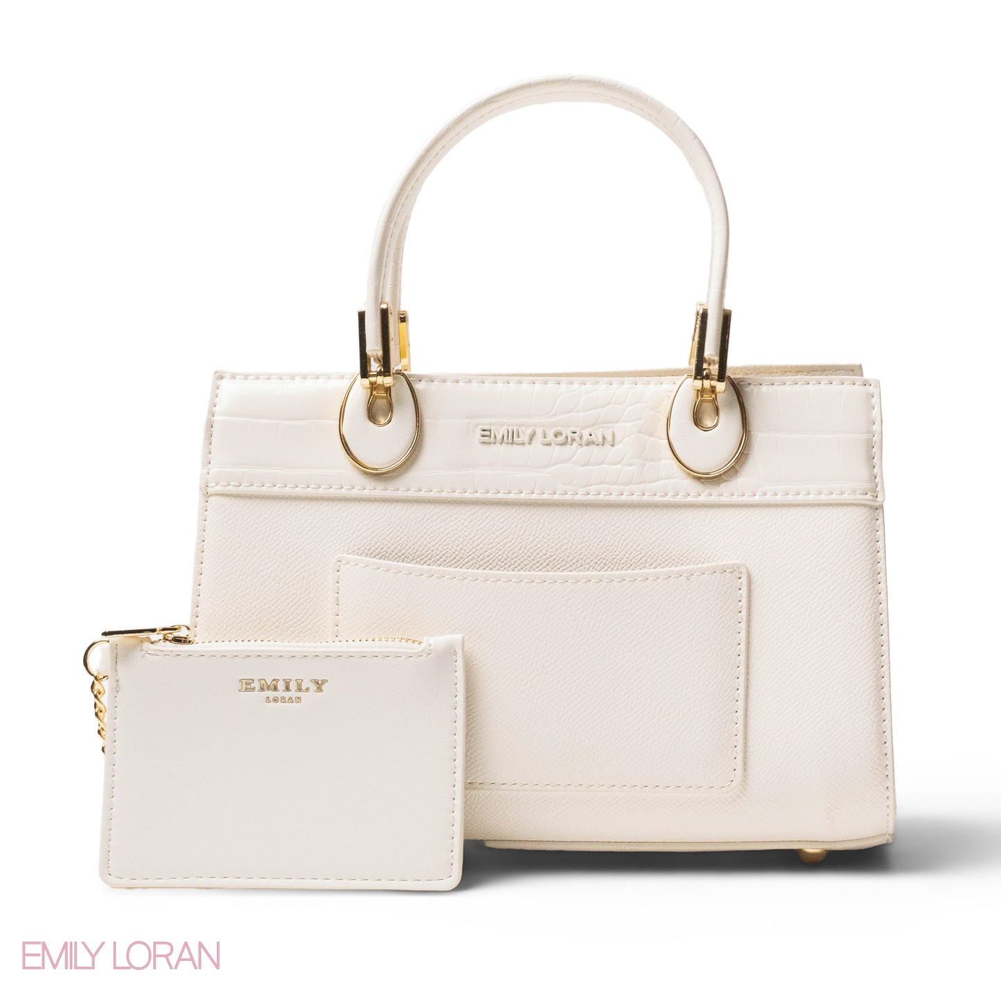 WHITE LEATHER SMOOTH HANDBAG WITH CROC DETAILS-MED