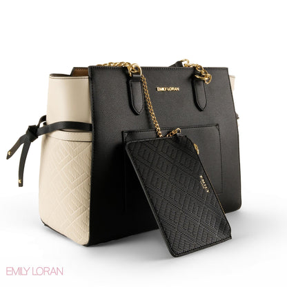 BLACK LEATHER SHOULDER BAG WITH OFF WHITE ACCENTS- LARGE