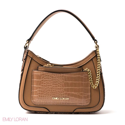 MOCHA LEATHER HANDBAG WITH METAL CHAIN -SMALL