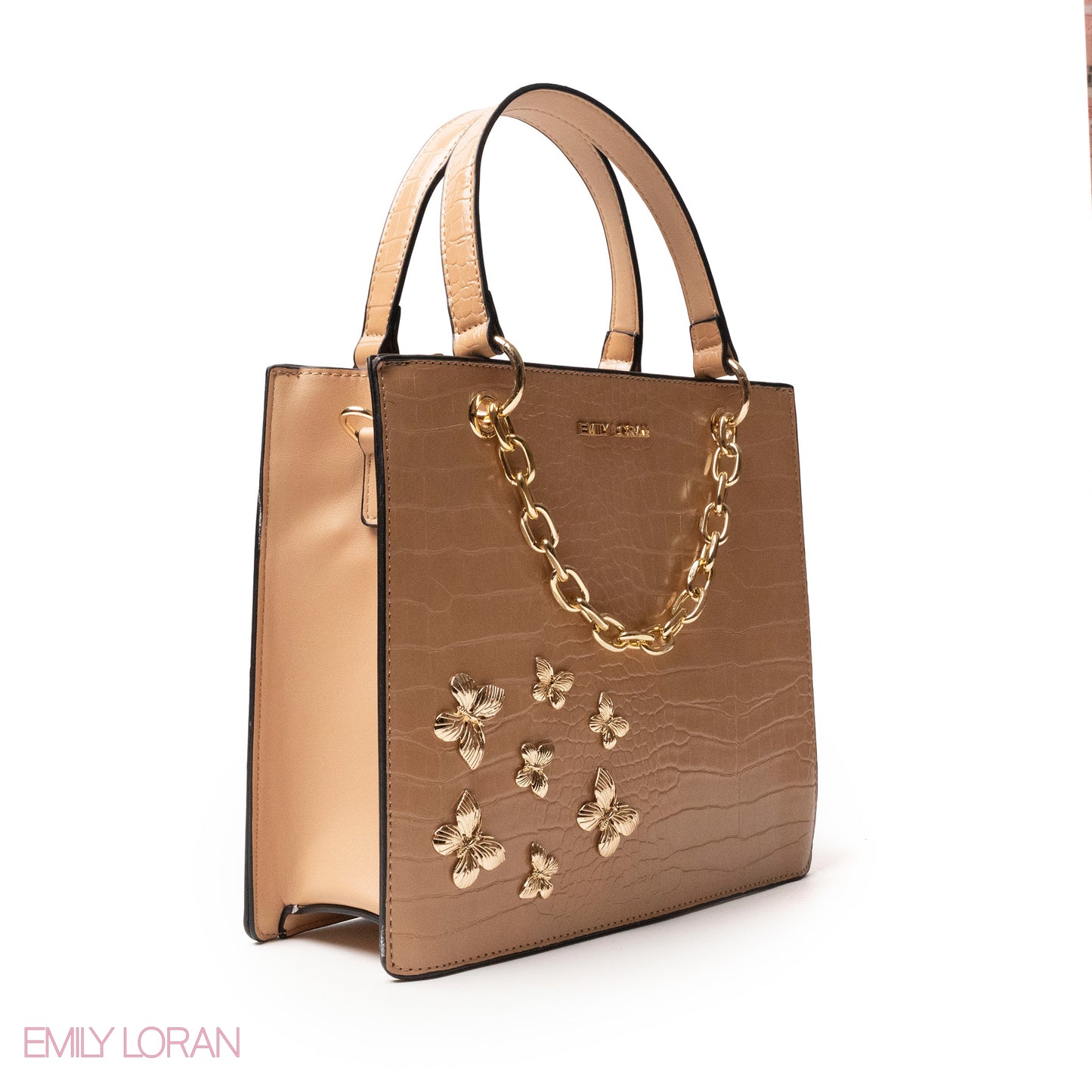 BEIGE LEATHER HANDBAG WITH METAL CHAIN,BUTTERFLIES - MED