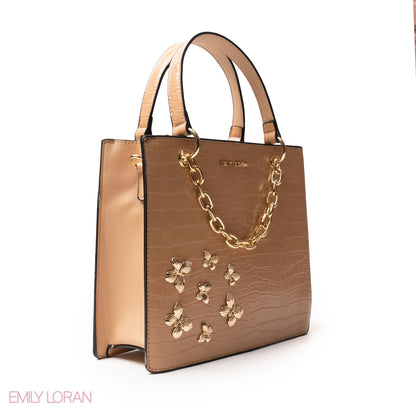 BEIGE LEATHER HANDBAG WITH METAL CHAIN,BUTTERFLIES - MED