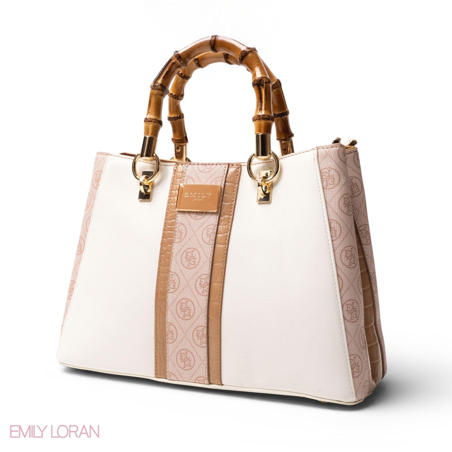 EMILY LORAN LEATHER,CANVAS HANDBAG WITH BAMBOO-HANDLED -MED