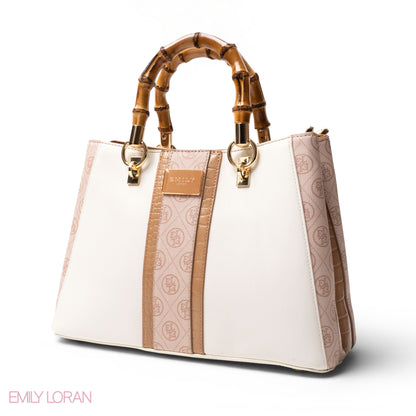 EMILY LORAN LEATHER,CANVAS HANDBAG WITH BAMBOO-HANDLED -MED