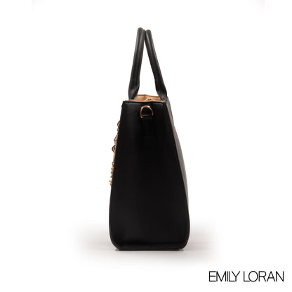 BLACK LEATHER EMILY LORAN HANDBAG WITH METAL CHAIN-LARGE
