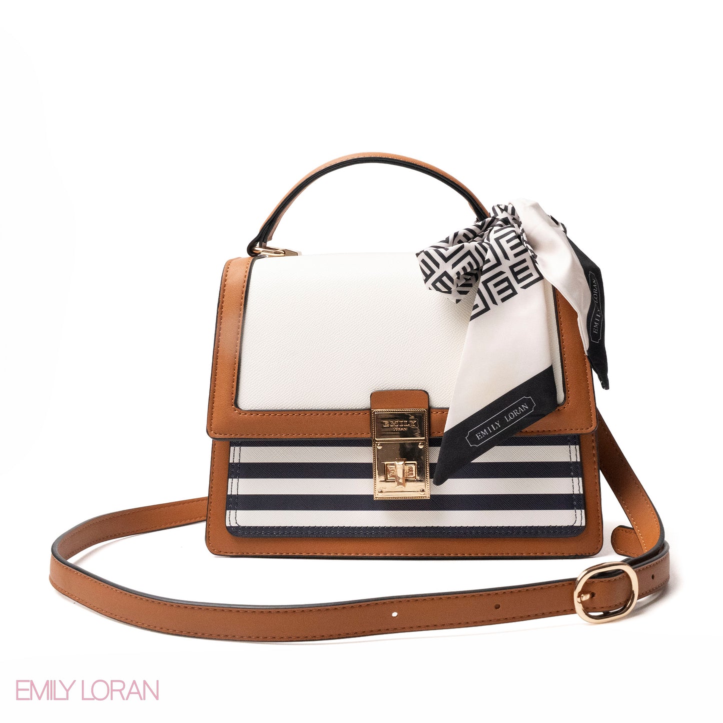 SREIPED NAVY LEATHER HANDBAG WITH EMILY LORAN SCARF - MED