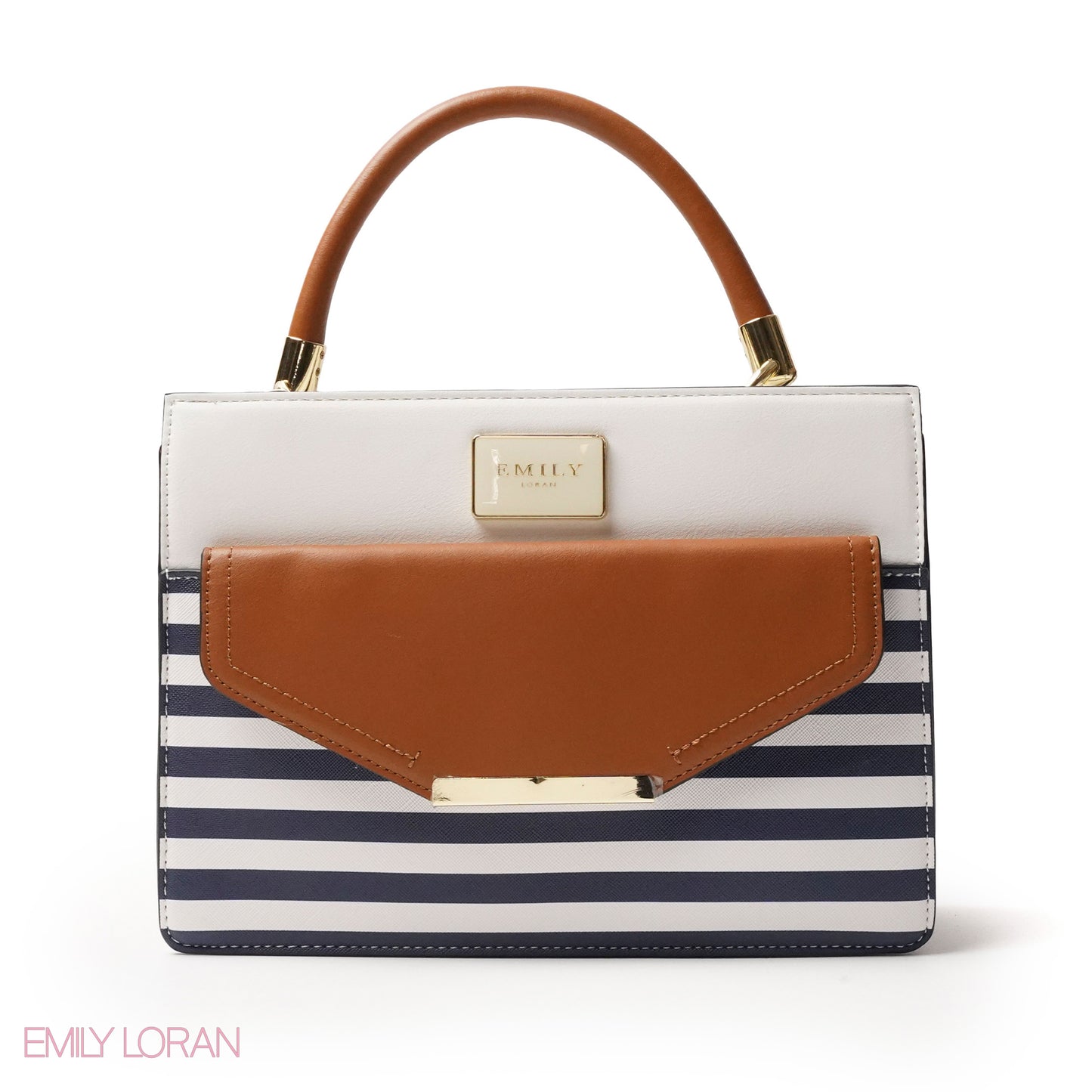 STRIPED NAVY LEATHER HANDBAG WITH FLAP -MED