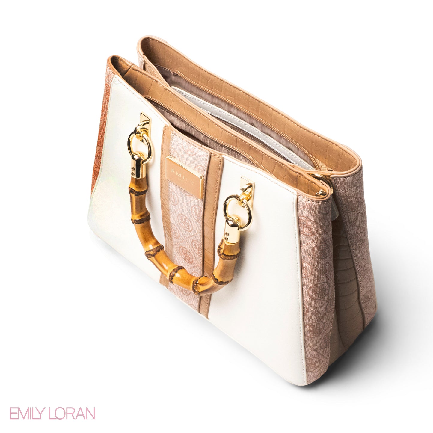 EMILY LORAN LEATHER,CANVAS HANDBAG WITH BAMBOO-HANDLED -MED