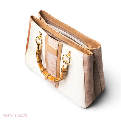 EMILY LORAN LEATHER,CANVAS HANDBAG WITH BAMBOO-HANDLED -MED