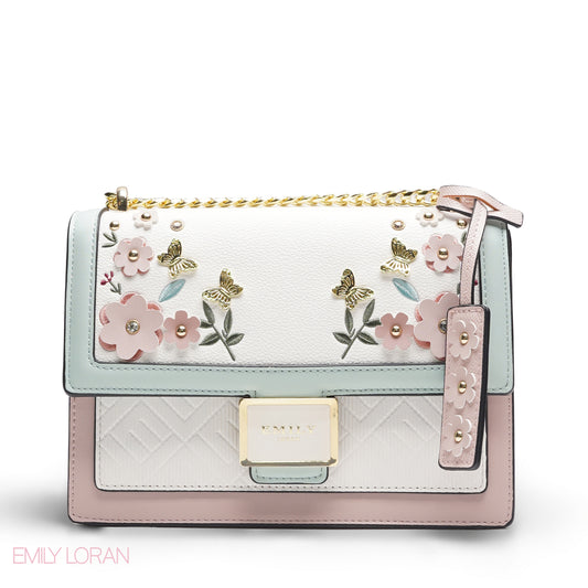 EMILY 3D FLORAL APPLIQUÉ CROSSBODY BAG - MINT & PINK
