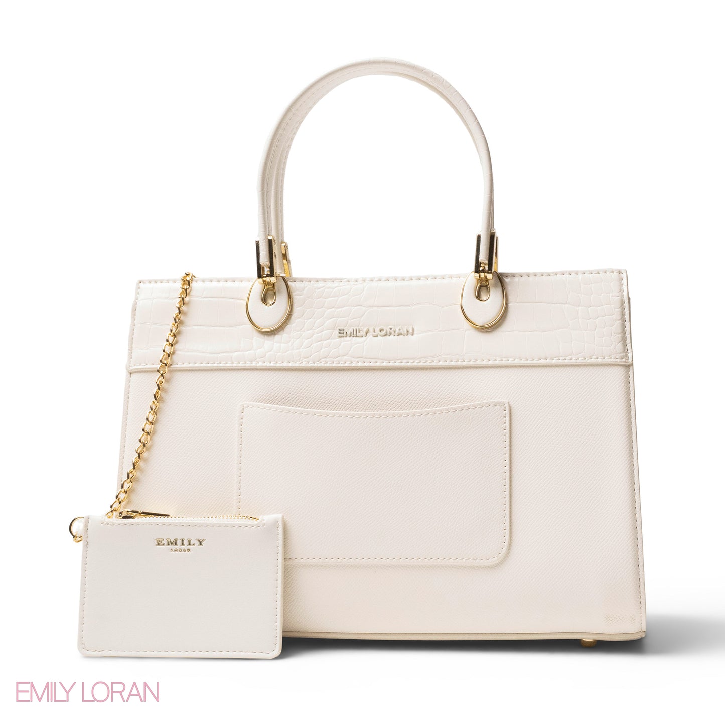 WHITE LEATHER SMOOTH HANDBAG WITH CROC DETAILS-LARGE