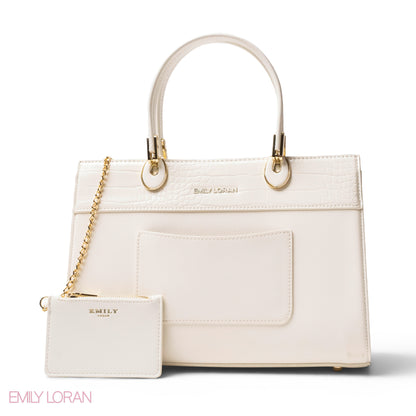 WHITE LEATHER SMOOTH HANDBAG WITH CROC DETAILS-LARGE