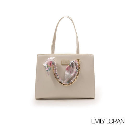 WHITH LEATHER HANDBAG WITH GOLD CHAIN AND SCARF -LARGE