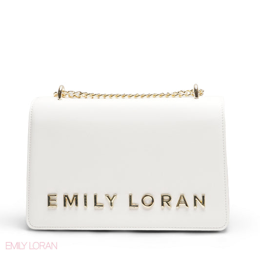 EMILY LORAN WHITE METALLIC LOGO FLAP BAG