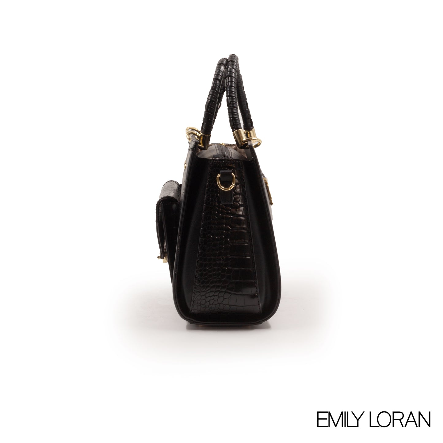 BLACK LEATHER HANDBAG WITH CROC ACCENT -LARGE