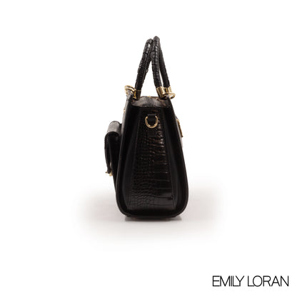 BLACK LEATHER HANDBAG WITH CROC ACCENT -LARGE
