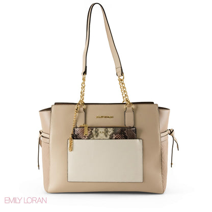 BEIGE LEATHER SHOULDER BAG WITH SNAKE ACCENTS - LARGE