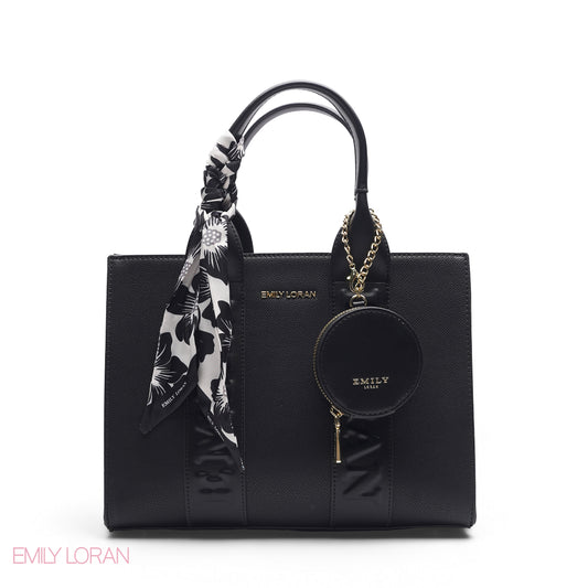 EMBOSSED LEATHER SCARF BLACK TOTE BAG - LARGE