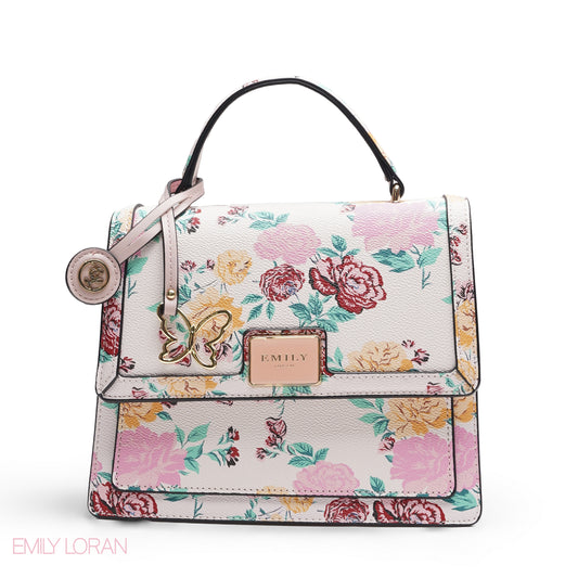 EMILY WHITE FLORAL SATCHEL BAG WITH BUTTERFLY CHARM - MED