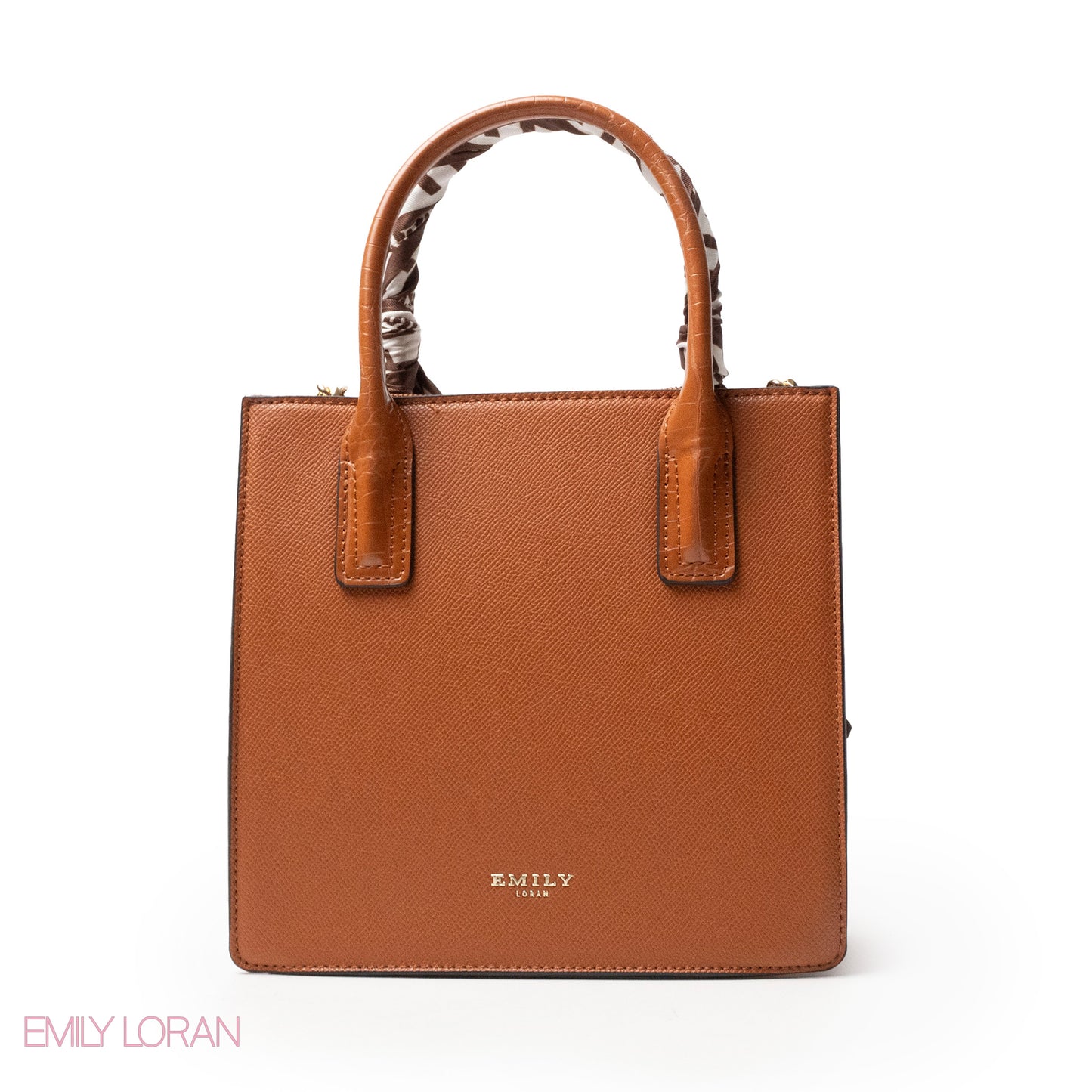 CAMEL LEATHER HANDBAG WITH SILKY SCARF, METAL CHAIN - MED