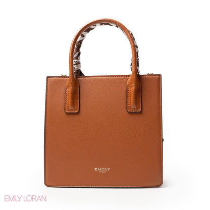 CAMEL LEATHER HANDBAG WITH SILKY SCARF, METAL CHAIN - MED