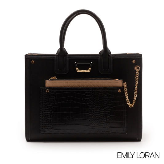 BLACK LEATHER EMILY LORAN HANDBAG WITH METAL CHAIN-LARGE