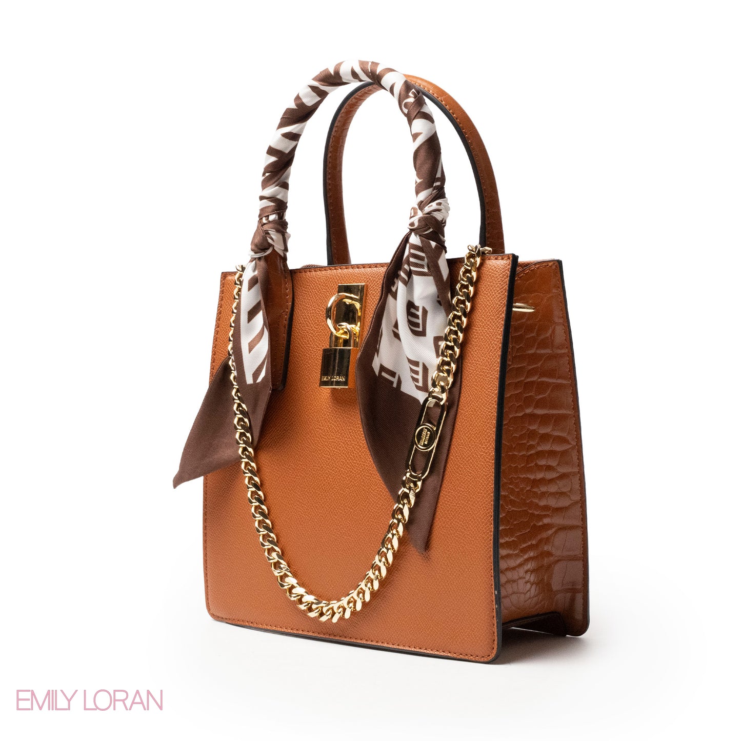 CAMEL LEATHER HANDBAG WITH SILKY SCARF, METAL CHAIN - MED