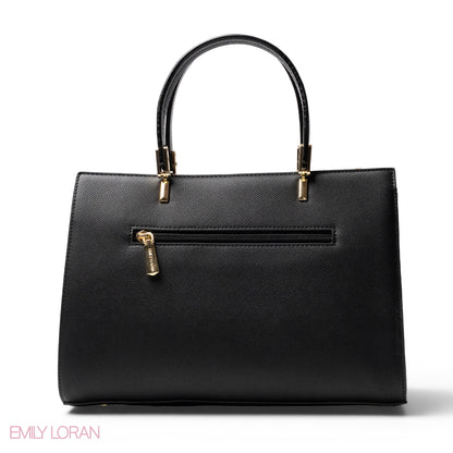 BLACK LEATHER SMOOTH HANDBAG WITH CROC DETAILS-LARGE