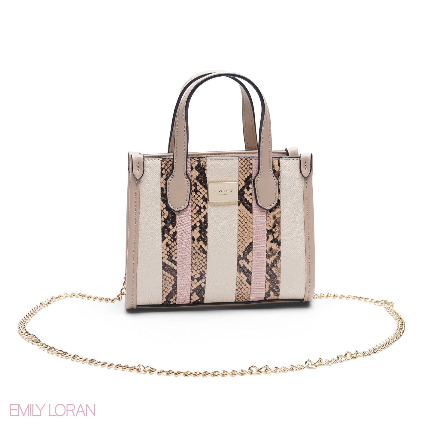 BEIGE & PINK SNAKESKIN BAG WITH GOLD CHAIN - SMALL