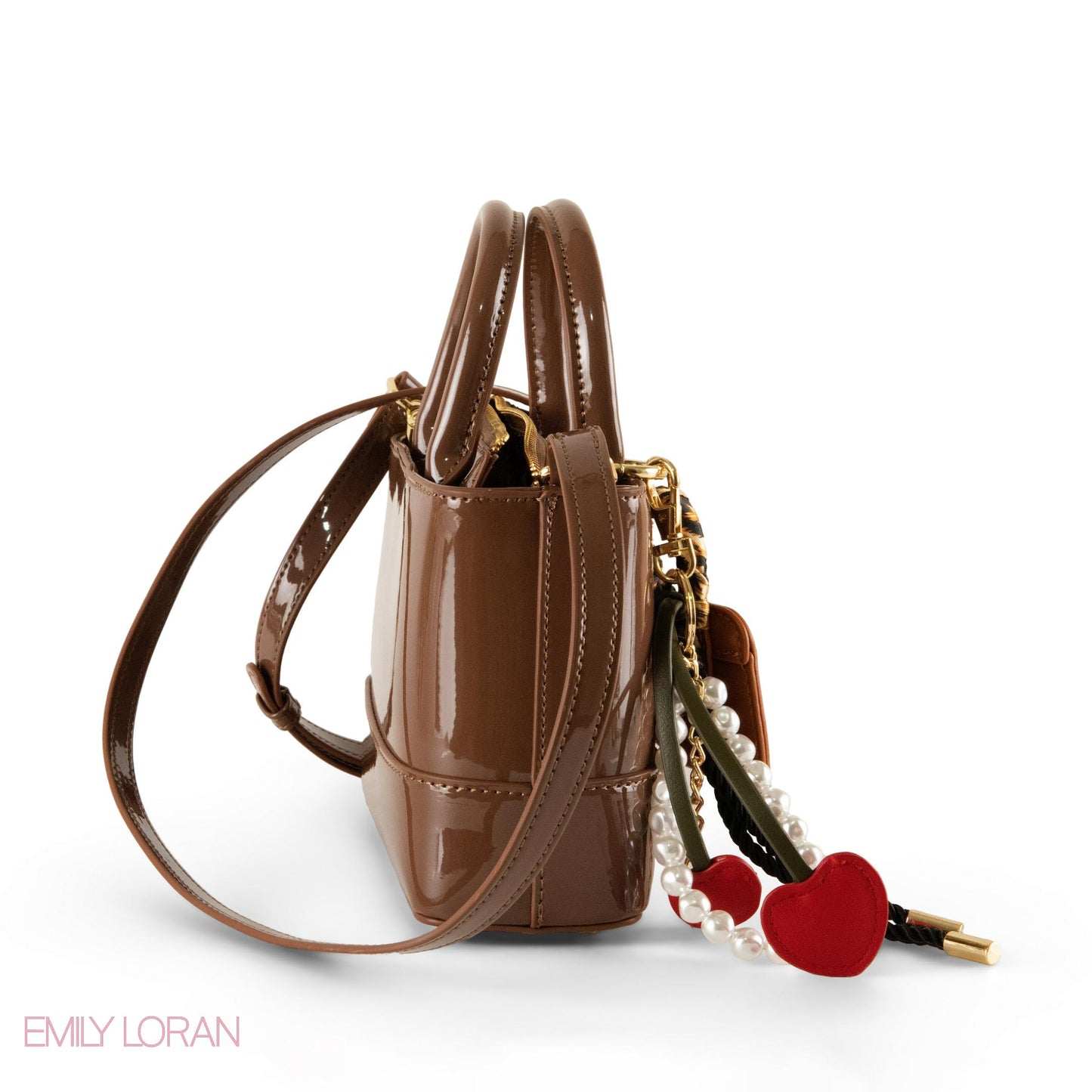 BROWN GLOSSY LEATHER HANDBAG WITH ACCESSORIES- SMALL