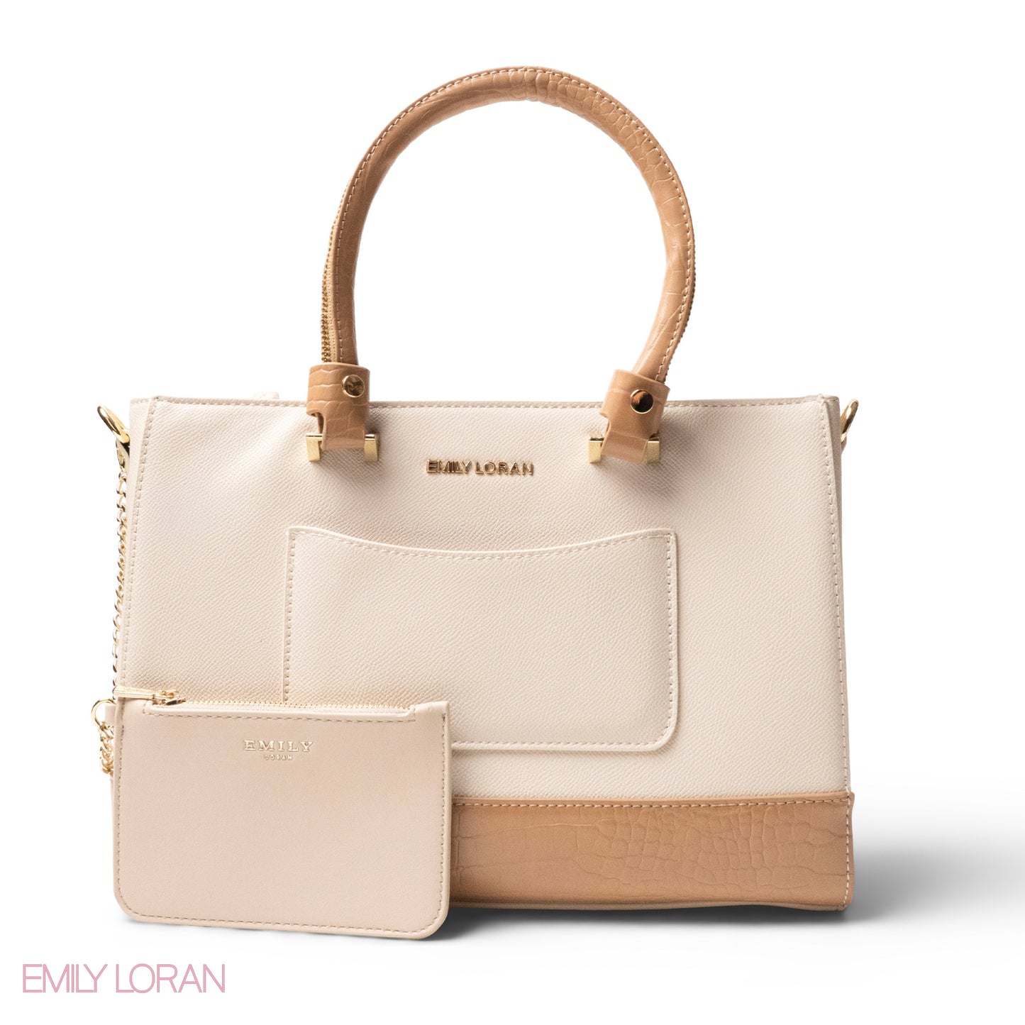 BEIGE LEATHER SMOOTH HANDBAG WITH CROC DETAILS -LARGE