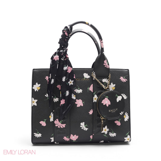 FLORAL PRINT SCARF BLACK TOTE BAG - LARGE