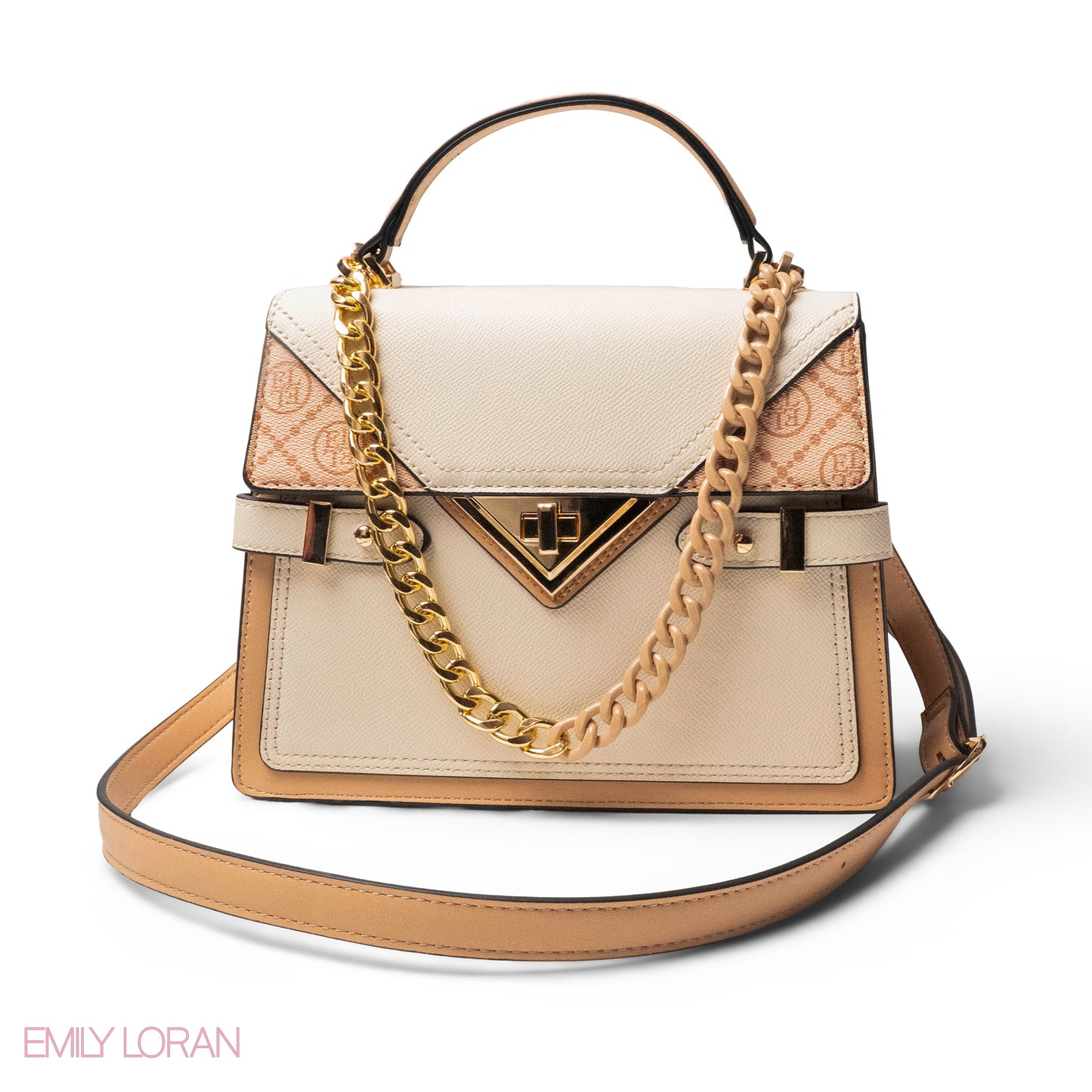 BEIGE LEATHER HANDBAG WITH METAL CHAIN ACCENTS-MED