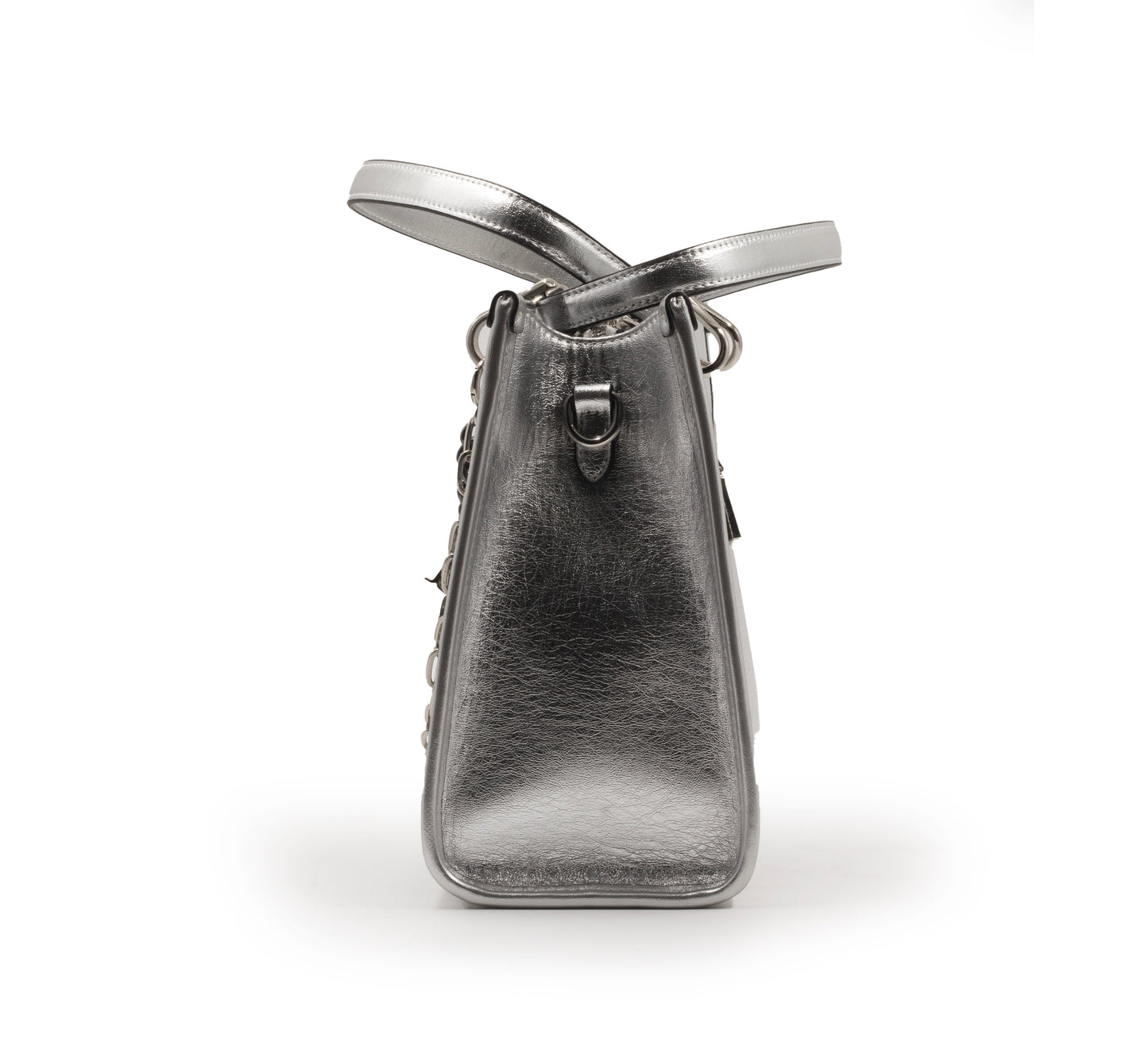 SILVER SHINY LEATHER HANDBAG WITH METAL CHAIN-LARGE
