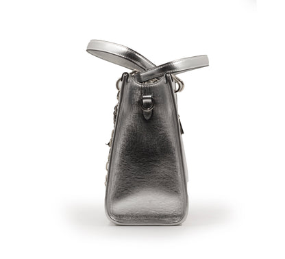 SILVER SHINY LEATHER HANDBAG WITH METAL CHAIN-LARGE