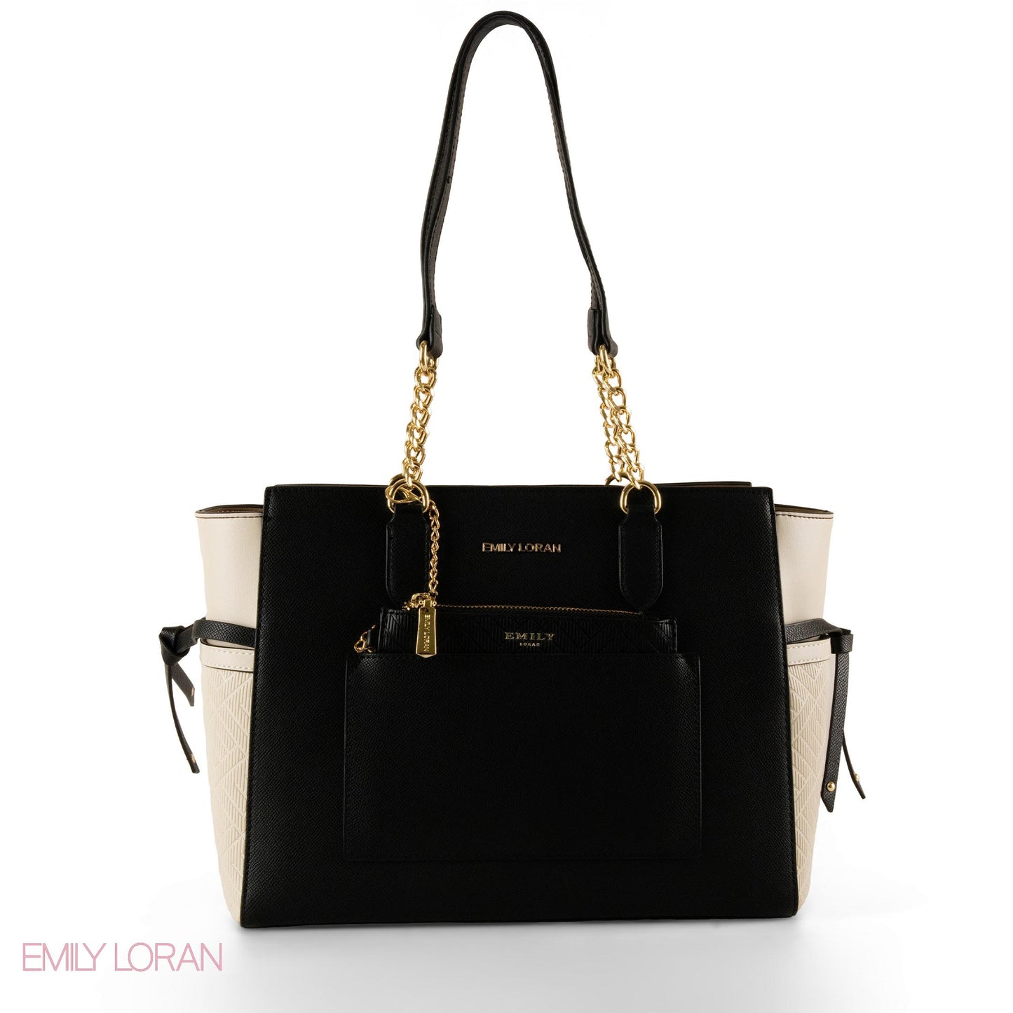 BLACK LEATHER SHOULDER BAG WITH OFF WHITE ACCENTS- LARGE