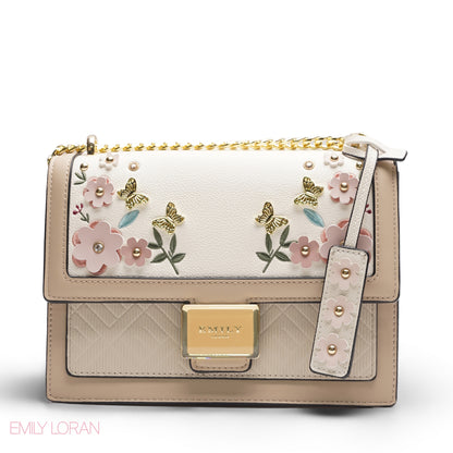EMILY 3D FLORAL APPLIQUÉ CROSSBODY BAG - WHITE & BEIGE